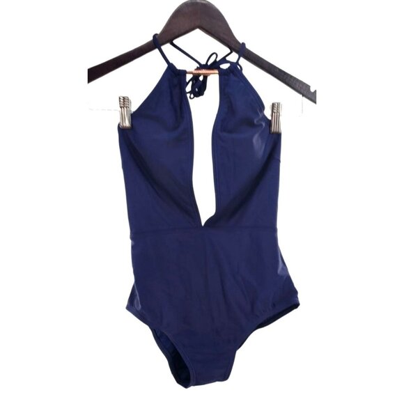 Ted Baker 4 One-piece Swimwear Plunge Cutout Halter Swimsuit Bathing Suit Blue - Picture 2 of 13
